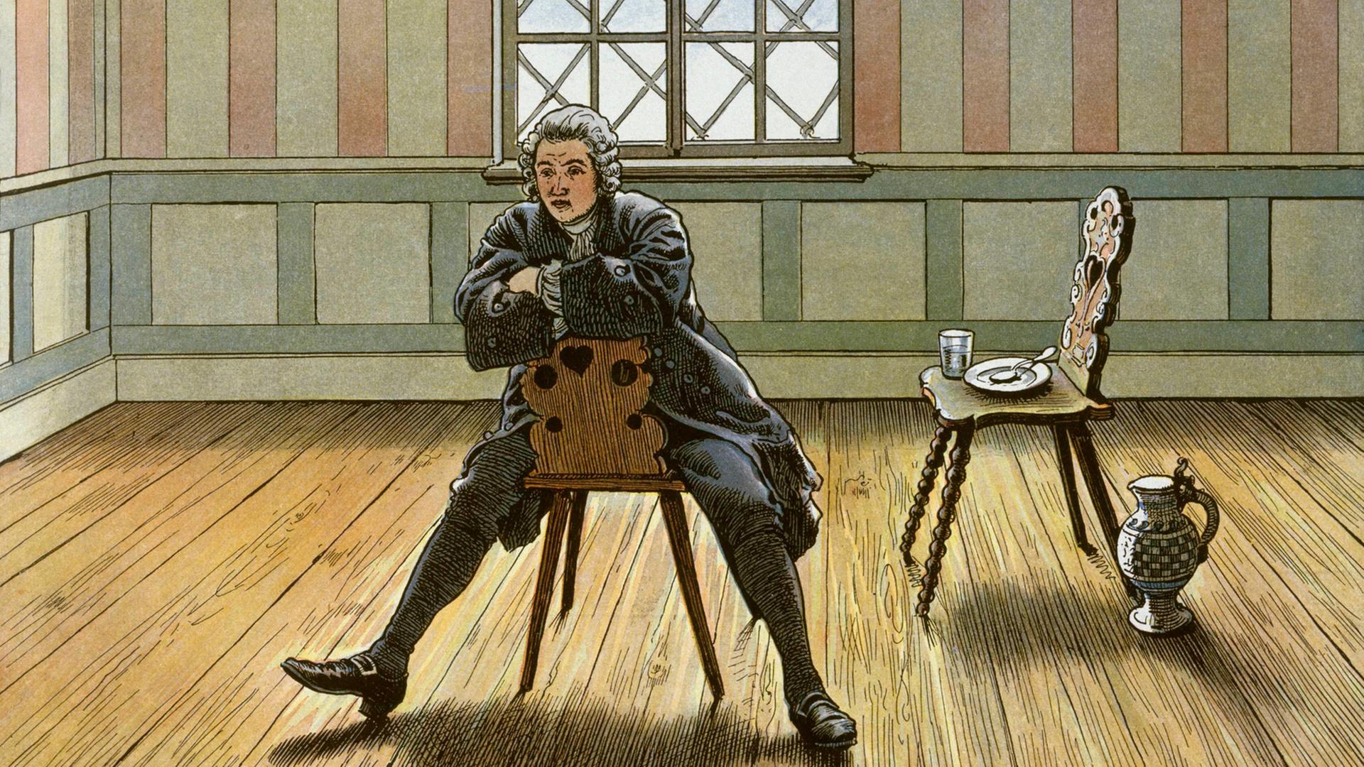 'Kronprinz Friedrich in der Gefangenschaft zu Kuestrin, Herbst 1730'. Aus: Der alte Fritz in fuenfzig Bildern, Berlin (Paul Kittel) 1895. 'Kronprinz Friedrich in der Gefangenschaft zu Kuestrin, Herbst 1730'. Aus: Der alte Fritz in fuenfzig Bildern, Berlin (Paul Kittel) 1895.