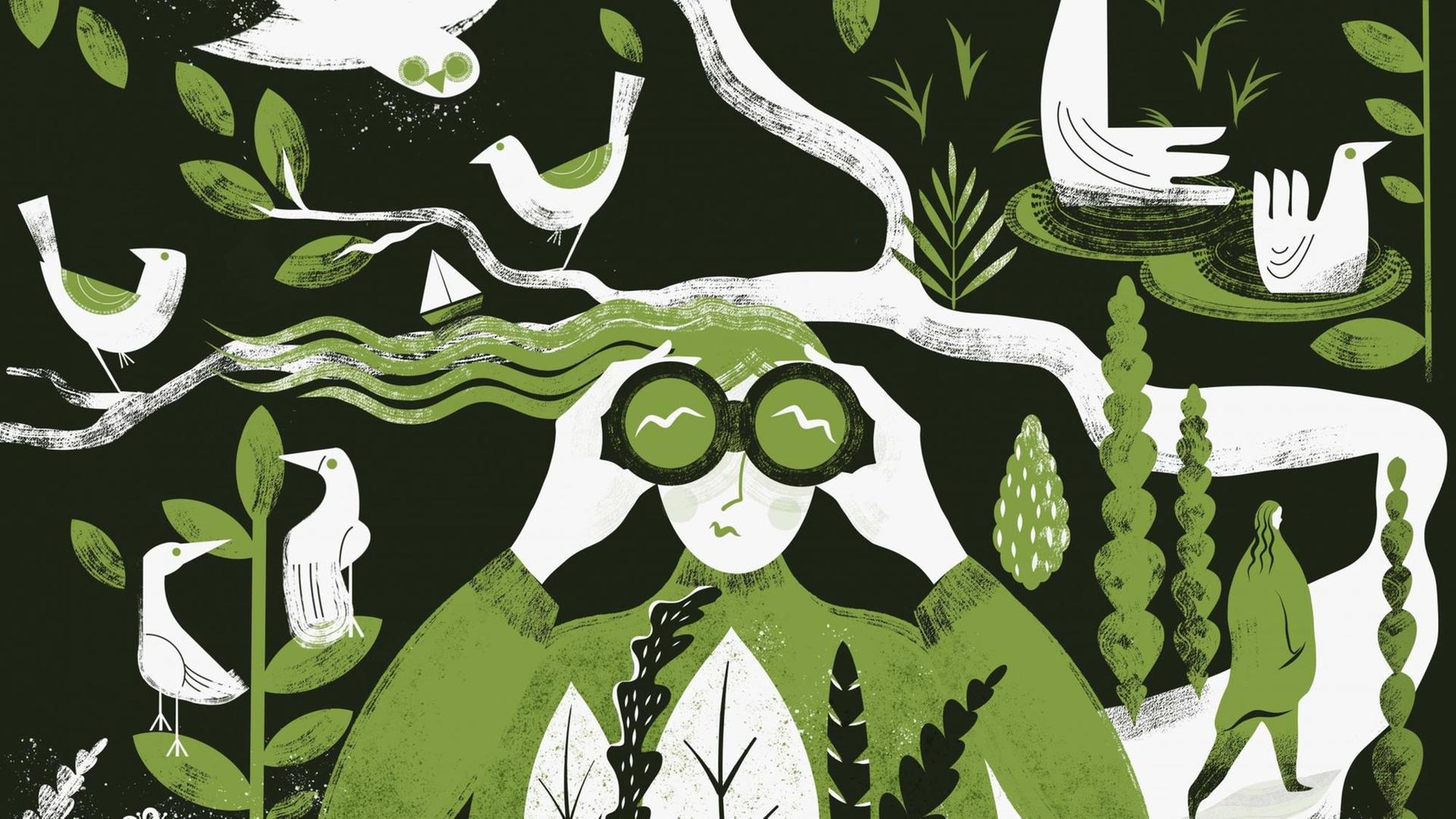 Eine Umweltschützerin blickt durch ein Fernglas in die Natur. Eine Umweltschützerin blickt durch ein Fernglas in die Natur.