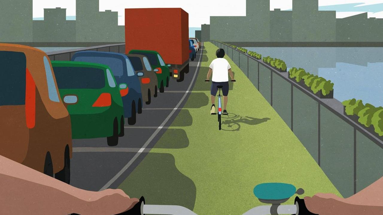 Illustration einer Straße. Links eine Autoschlange, rechts eine Person auf einem Fahrrad. Illustration einer Straße. Links eine Autoschlange, rechts eine Person auf einem Fahrrad.