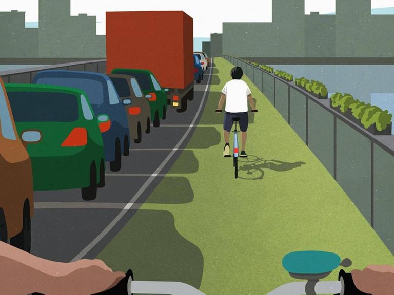 Illustration einer Straße. Links eine Autoschlange, rechts eine Person auf einem Fahrrad.