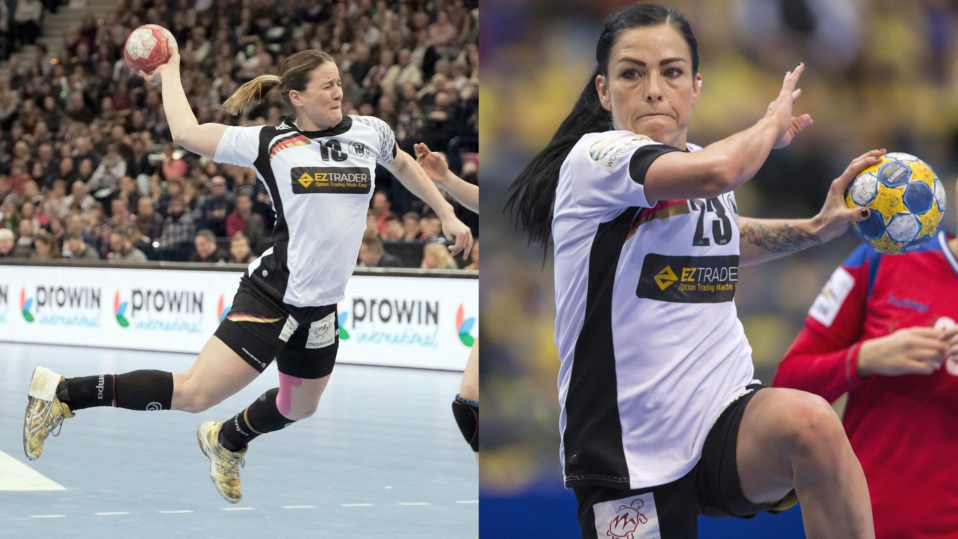 Die deutschen Handball-Nationalspielerinnen Anna Loerper und Svenja Huber im Wurf.