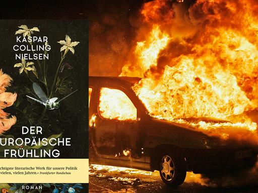 Im Vordergrund das Buchcover des Buchs "Europäischer Frühling", im Hintergrund ein brennendes Auto.