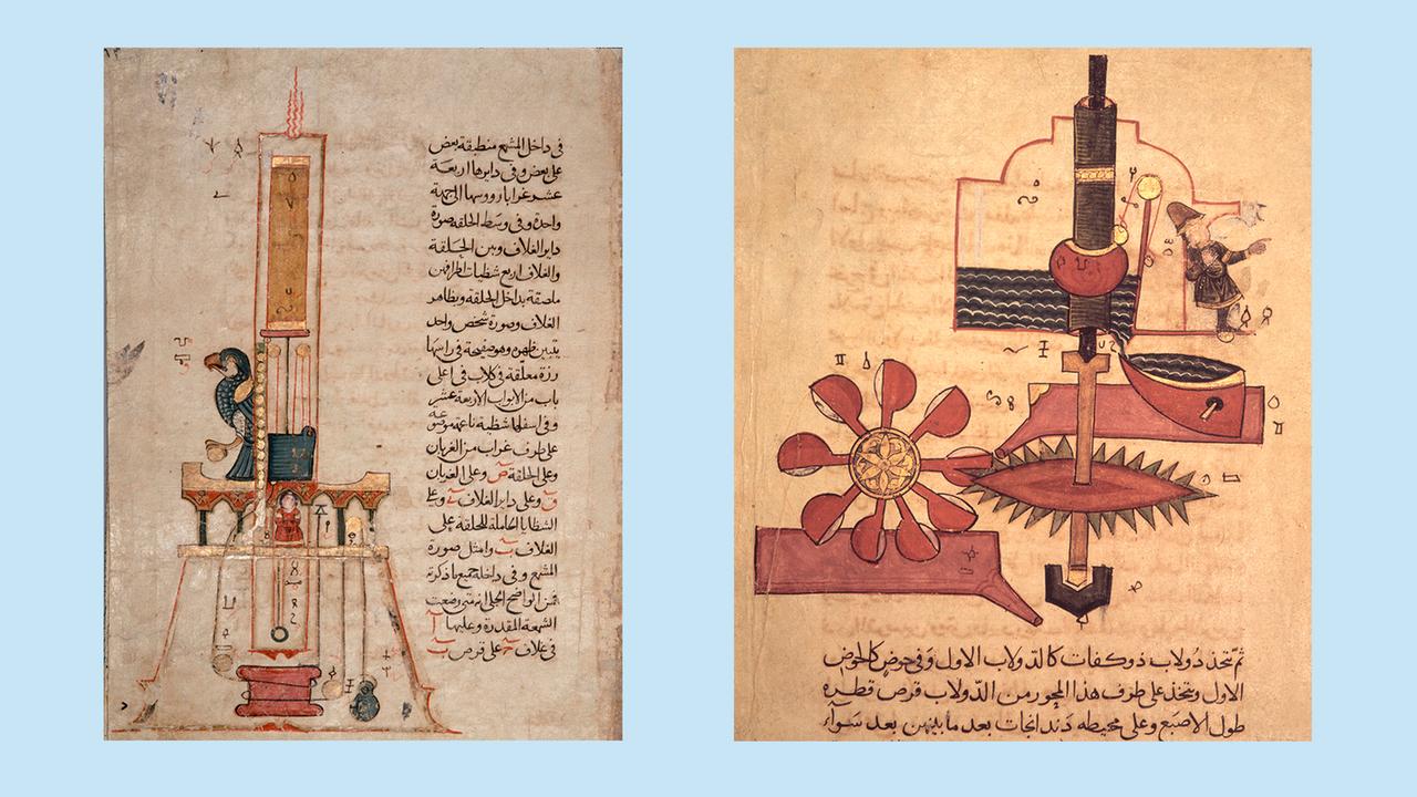 Collage aus zwei Skizzen für Uhrenkonstruktionen von Al-Dschazarī. Collage aus zwei Skizzen für Uhrenkonstruktionen von Al-Dschazarī.