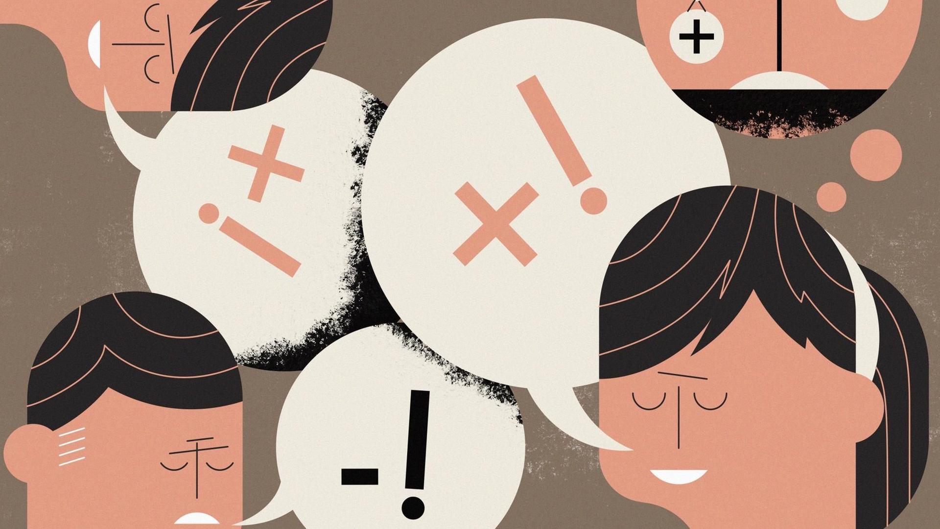 Illustration: Frauen und Männer diskutieren, Sprechblasen mit Ausrufezeichen stehen im Raum. Illustration: Frauen und Männer diskutieren, Sprechblasen mit Ausrufezeichen stehen im Raum.
