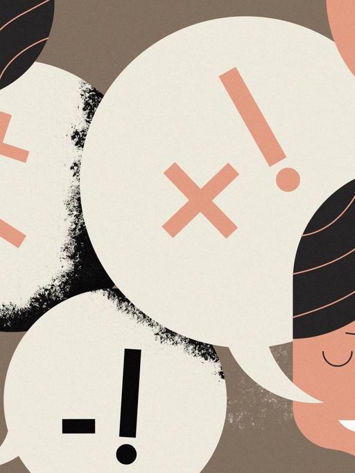 Illustration: Frauen und Männer diskutieren, Sprechblasen mit Ausrufezeichen stehen im Raum.