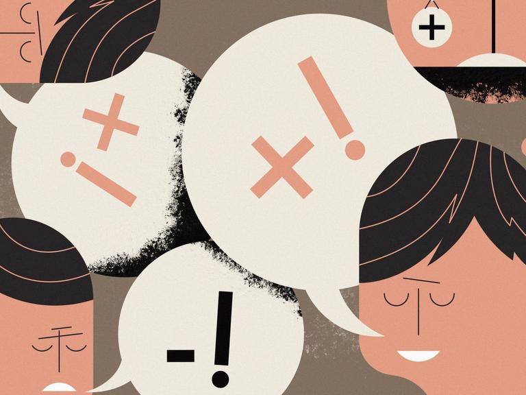Illustration: Frauen und Männer diskutieren, Sprechblasen mit Ausrufezeichen stehen im Raum.