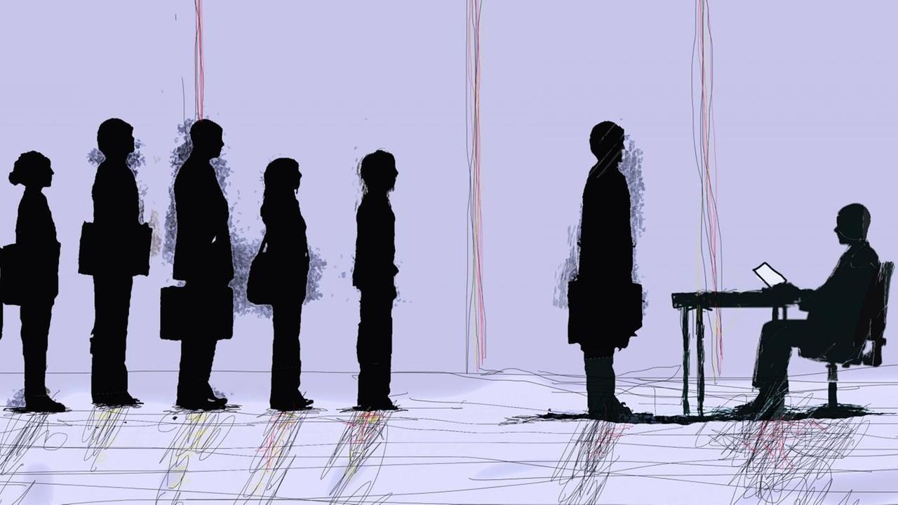 Illustration: Menschen stehen an, um mit einem Mann zu sprechen, der an einem Schreibtisch sitzt. Illustration: Menschen stehen an, um mit einem Mann zu sprechen, der an einem Schreibtisch sitzt.