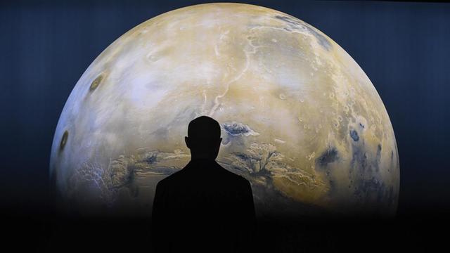 In einer Londoner Ausstellung wird der Mars gezeigt und davor ist der Schatten eines Besuchers zu sehen.