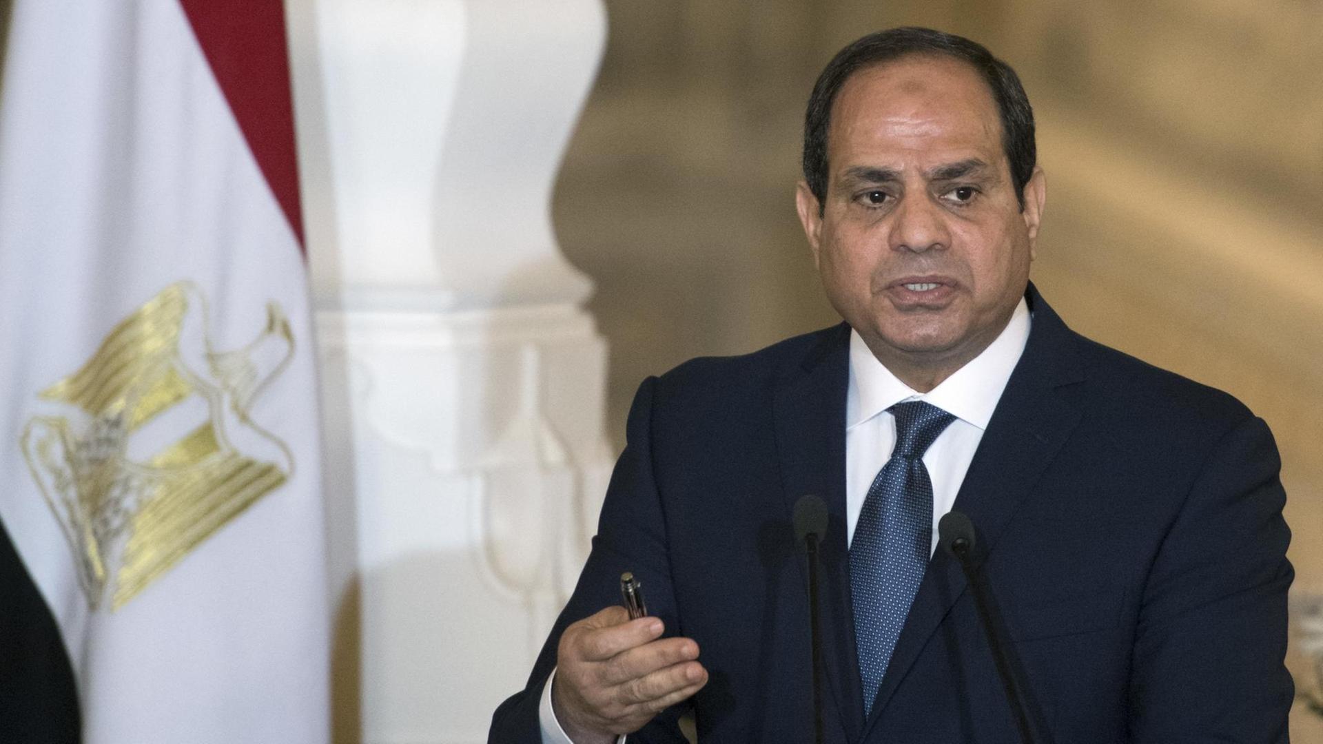 Der Präsident der Arabischen Republik Ägypten, Abdelfattah Al-Sisi, spricht am 02.03.2017 im Ittihadiya-Palast in Kairo (Ägypten) während einer gemeinsamen Pressekonferenz mit Bundeskanzlerin Merkel. Foto: Soeren Stache/dpa | Verwendung weltweit Der Präsident der Arabischen Republik Ägypten, Abdelfattah Al-Sisi, spricht am 02.03.2017 im Ittihadiya-Palast in Kairo (Ägypten) während einer gemeinsamen Pressekonferenz mit Bundeskanzlerin Merkel. Foto: Soeren Stache/dpa | Verwendung weltweit