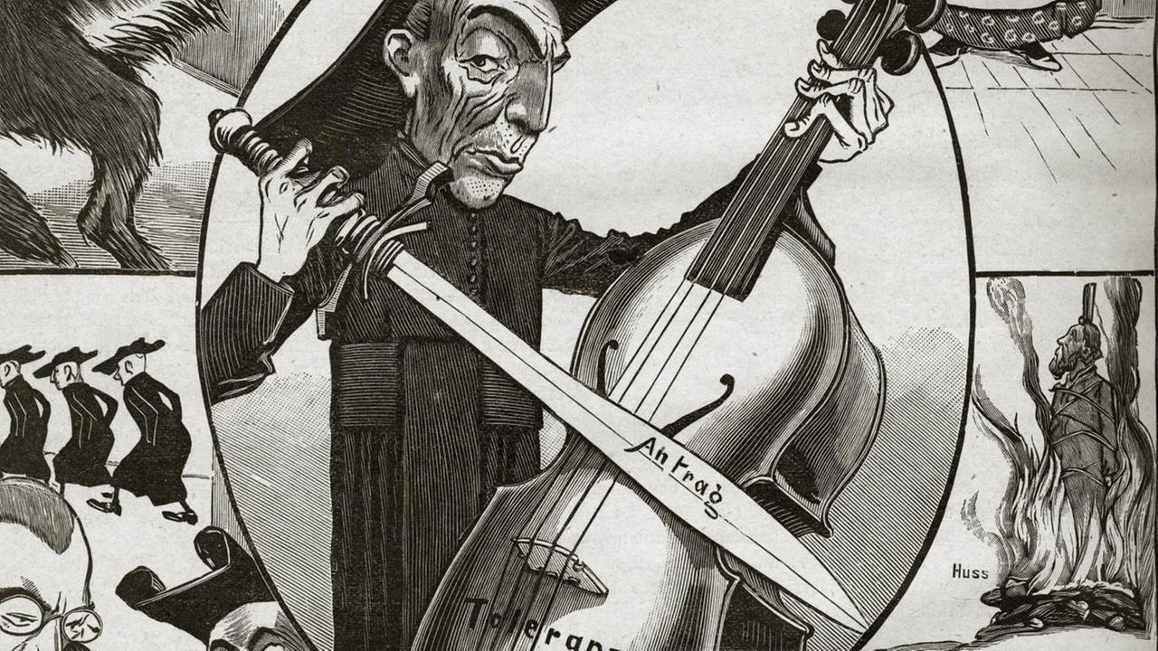Karikatur einer Person, die mit einem Schwert auf einem Cello mit der Aufschrift "Antrag Toleranz" spielt. Karikatur einer Person, die mit einem Schwert auf einem Cello mit der Aufschrift "Antrag Toleranz" spielt.