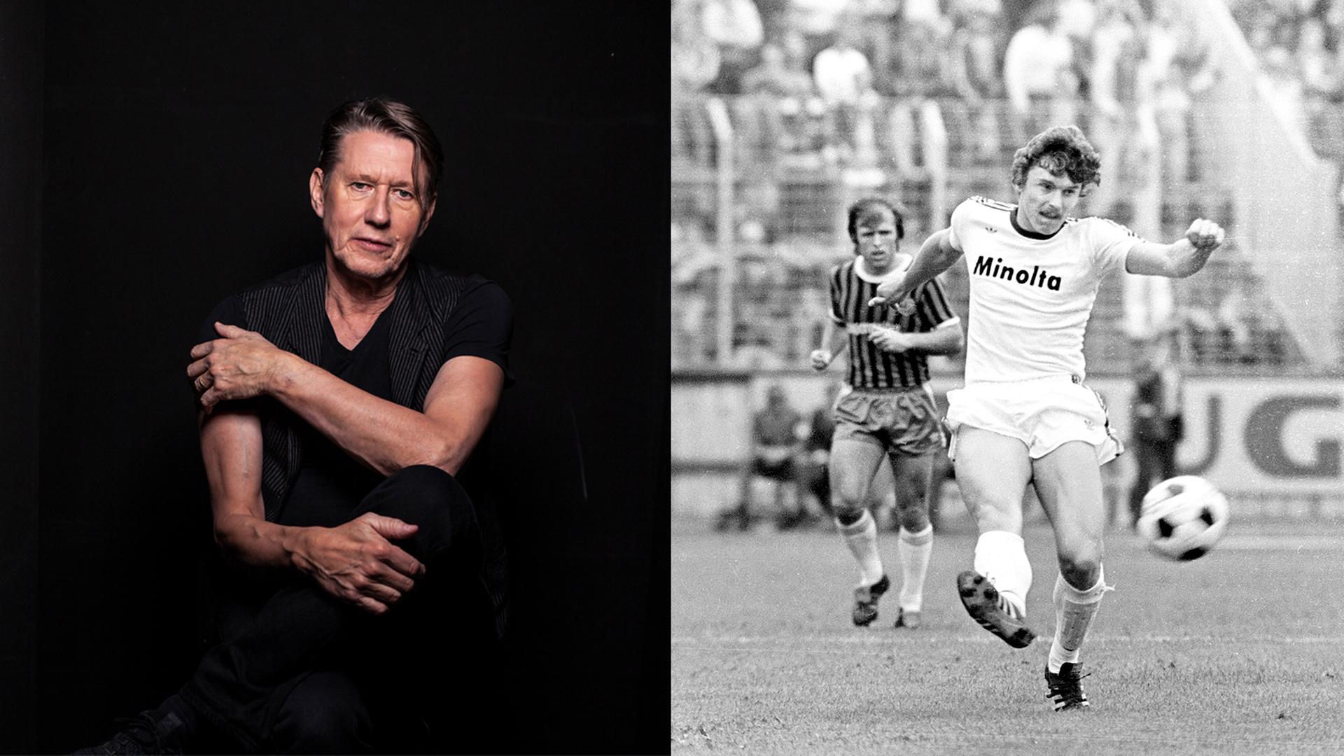 Der Kabarettist Andreas Rebers dunkel ausgeleuchtet in einer Bühnensituation, neben einem Archivfoto von 1977 mit Dietmar Demuth am Ball beim Spiel zwischen 1. FC Saarbrücken - FC St. Pauli. Der Kabarettist Andreas Rebers dunkel ausgeleuchtet in einer Bühnensituation, neben einem Archivfoto von 1977 mit Dietmar Demuth am Ball beim Spiel zwischen 1. FC Saarbrücken - FC St. Pauli.
