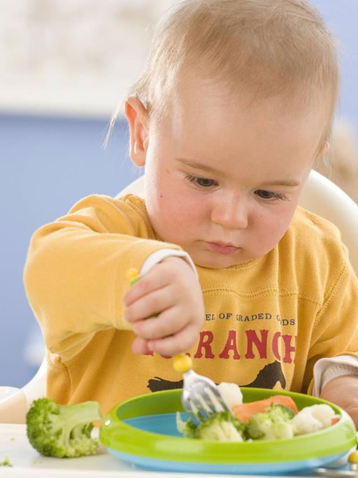 Ein Baby sitzt in einem Hochstuhl, hat einen Teller mit Gemüsestücken vor sich und sticht mit seiner Gabel in ein Stück Brokkoli.