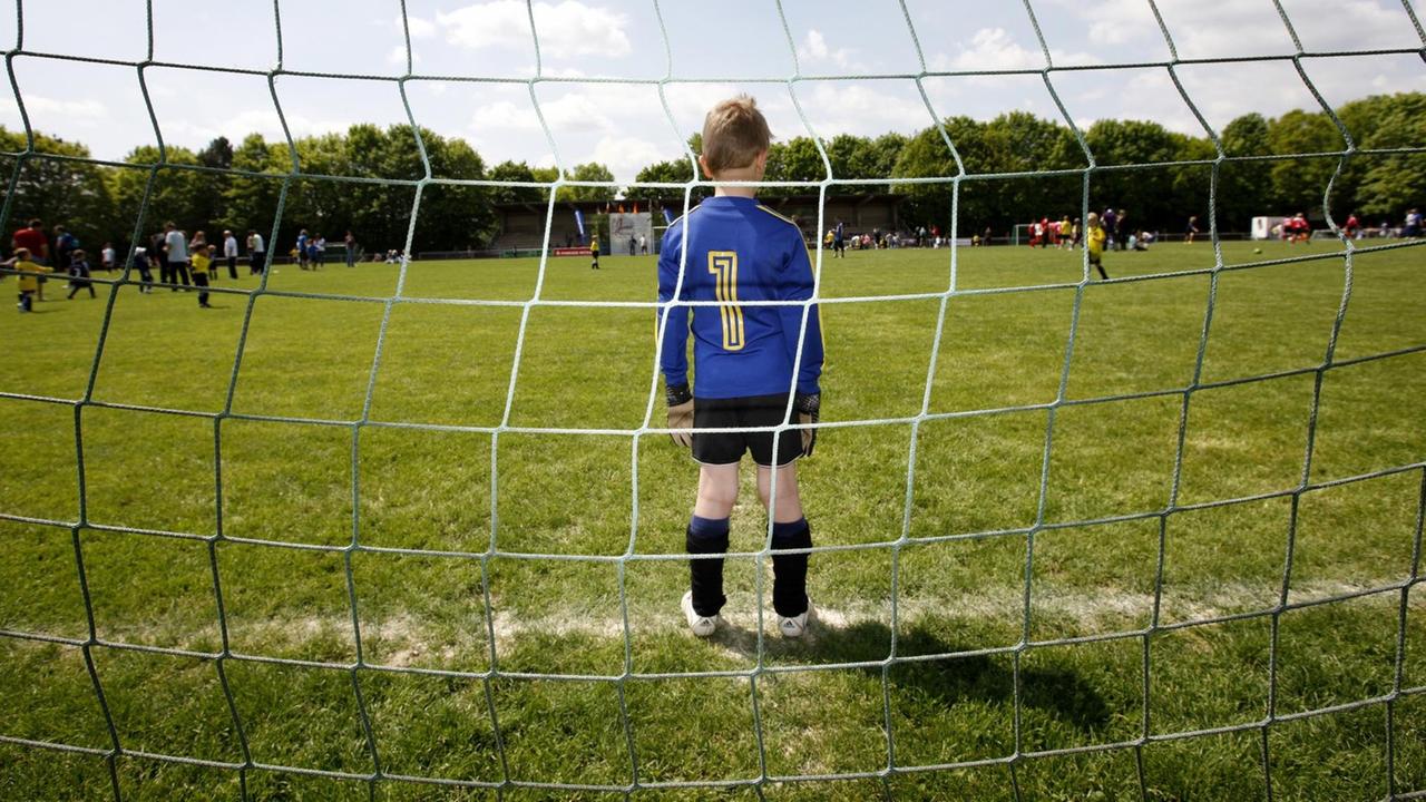 Fussball-Jugendturnier 2010, ein Junge steht im Tor und wartet auf die Mitspieler. Fussball-Jugendturnier 2010, ein Junge steht im Tor und wartet auf die Mitspieler.