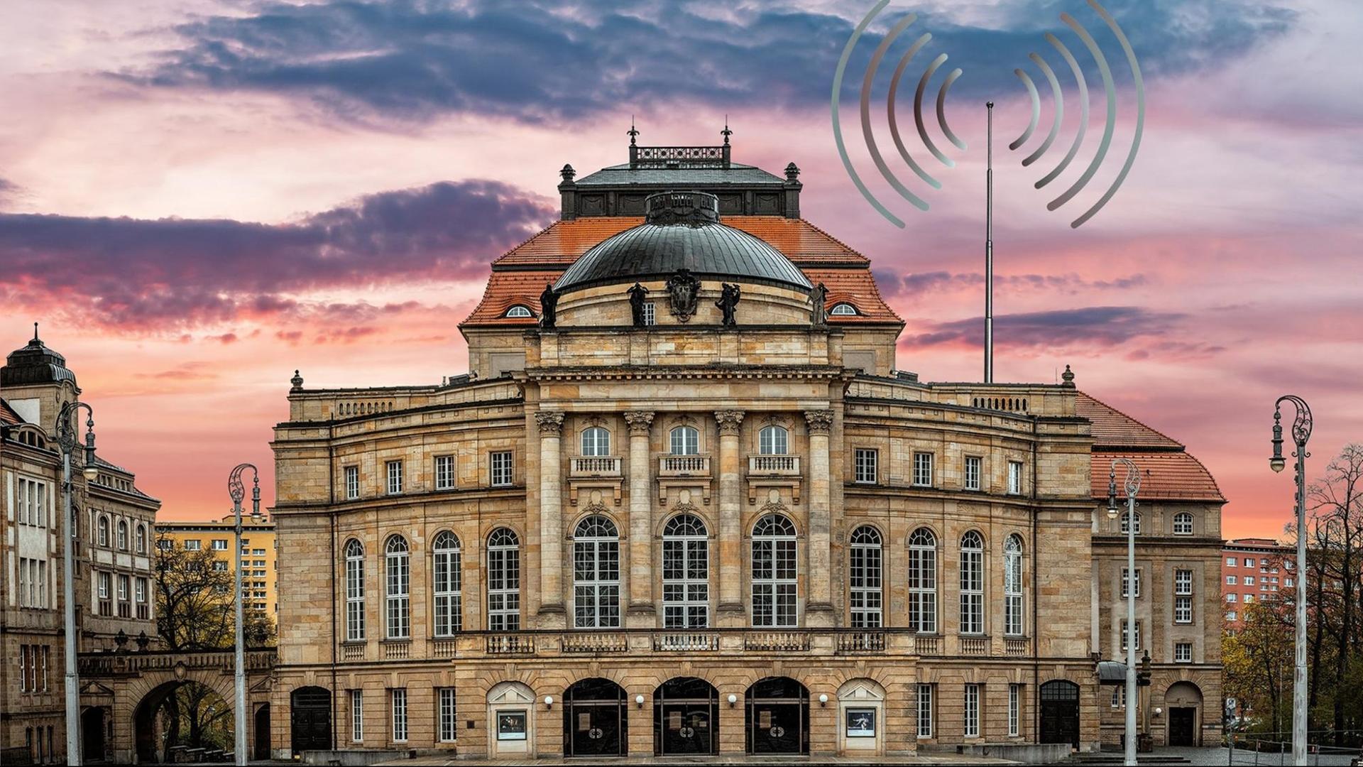 Auf dem Opernhausdach ist eine imaginäre Radioantenne aufgestellt, die Wellen aussendet. Auf dem Opernhausdach ist eine imaginäre Radioantenne aufgestellt, die Wellen aussendet.