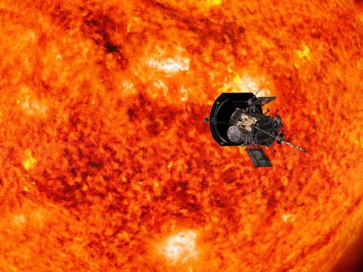 Die Illustration der NASA zeigt die Parker Solar Sonde, die sich mit einem Raketenträger der Sonne nähert.