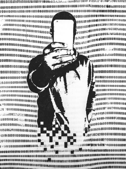 Illustration eines Jugendlichen mit Smartphone vor dem Gesicht, der sich in Pixeln auflöst. Als Hintergrund eine Tapete aus Nullen und Einsen.