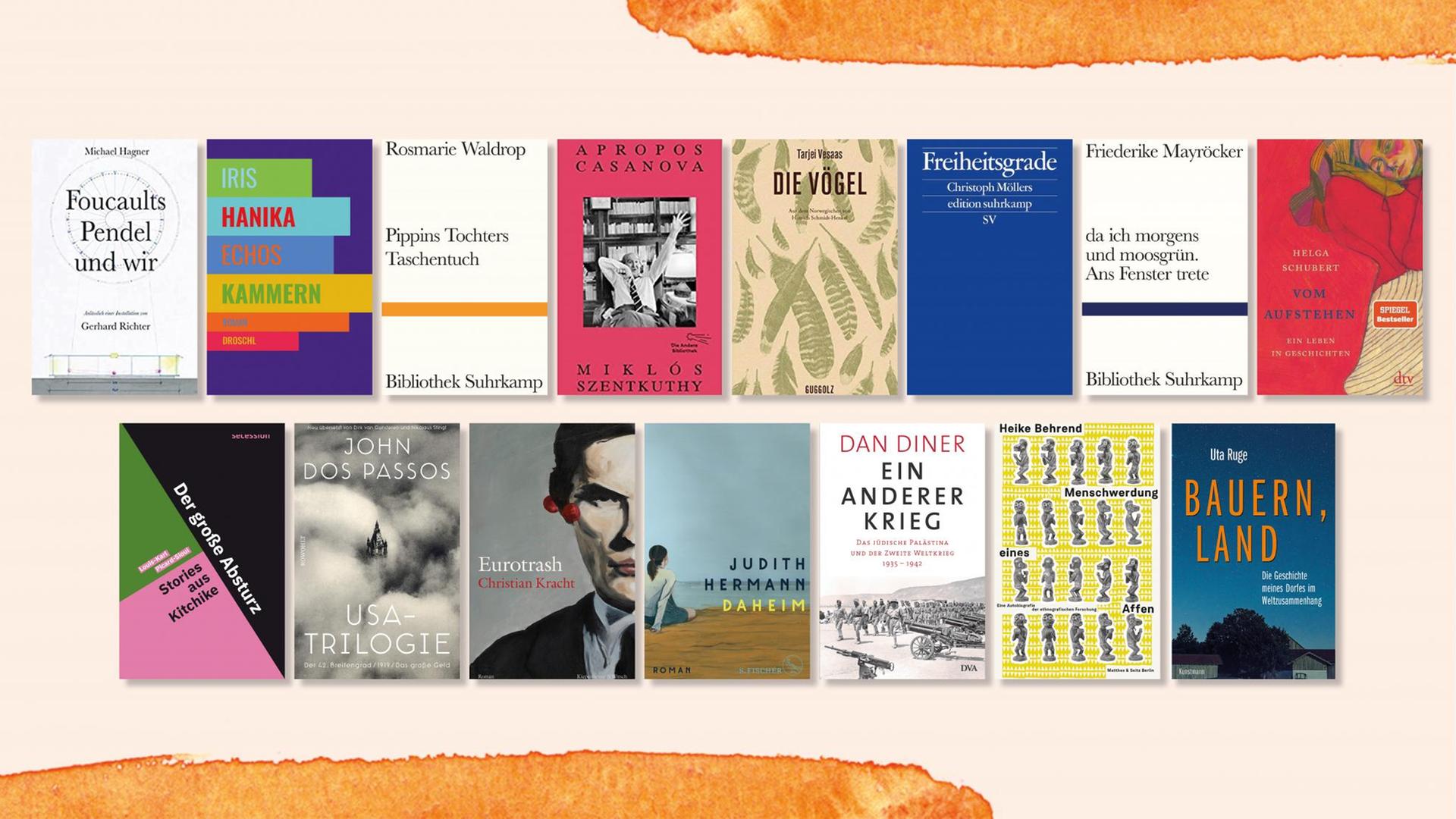 Fünfzehn verschiedene Cover sind auf einem hellorange farbenem Hintergrund aufgereiht Fünfzehn verschiedene Cover sind auf einem hellorange farbenem Hintergrund aufgereiht
