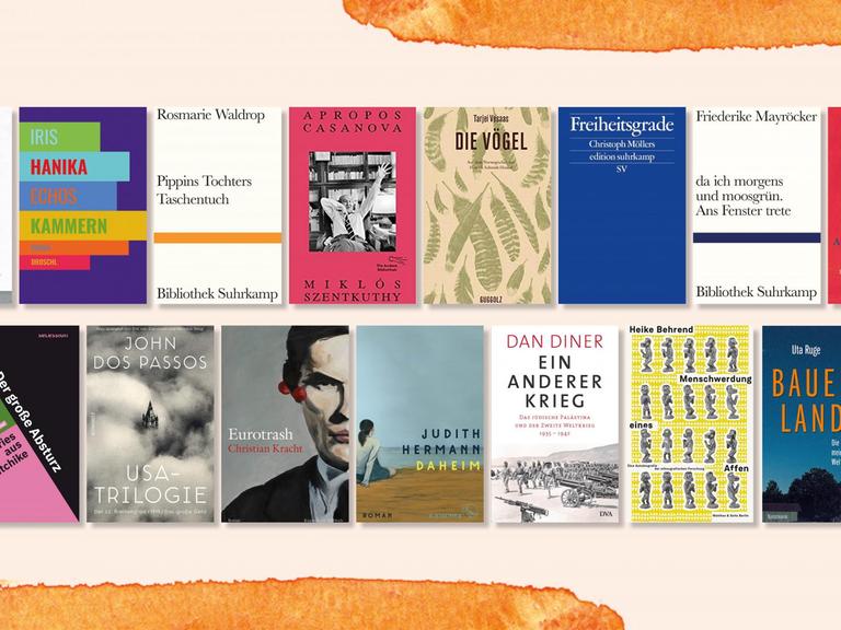 Fünfzehn verschiedene Cover sind auf einem hellorange farbenem Hintergrund aufgereiht