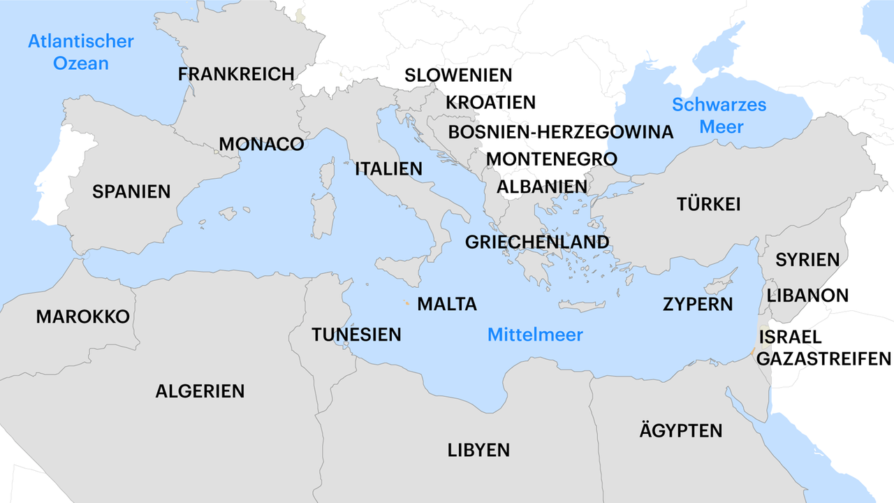 Die Karte zeigt die Mittelmeer-Anrainerstaaten