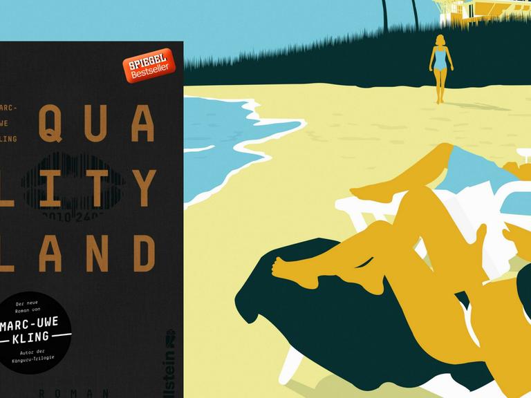 Das Cover von Marc-Uwe Klings Buch "QualityLand" vor einer Zeichnung von drei Menschen, die am Strand entspannen