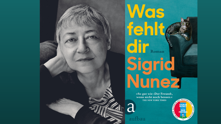 Ein Portrait der Autorin Sigrid Nunez das Buchcover von „Was fehlt dir“ Ein Portrait der Autorin Sigrid Nunez das Buchcover von „Was fehlt dir“
