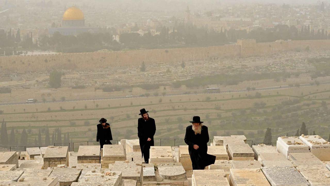 Ultra-orthodoxe Juden auf einem Friedhof auf dem Ölberg in Jerusalem, im Hintergrund der Felsendom. Ultra-orthodoxe Juden auf einem Friedhof auf dem Ölberg in Jerusalem, im Hintergrund der Felsendom.
