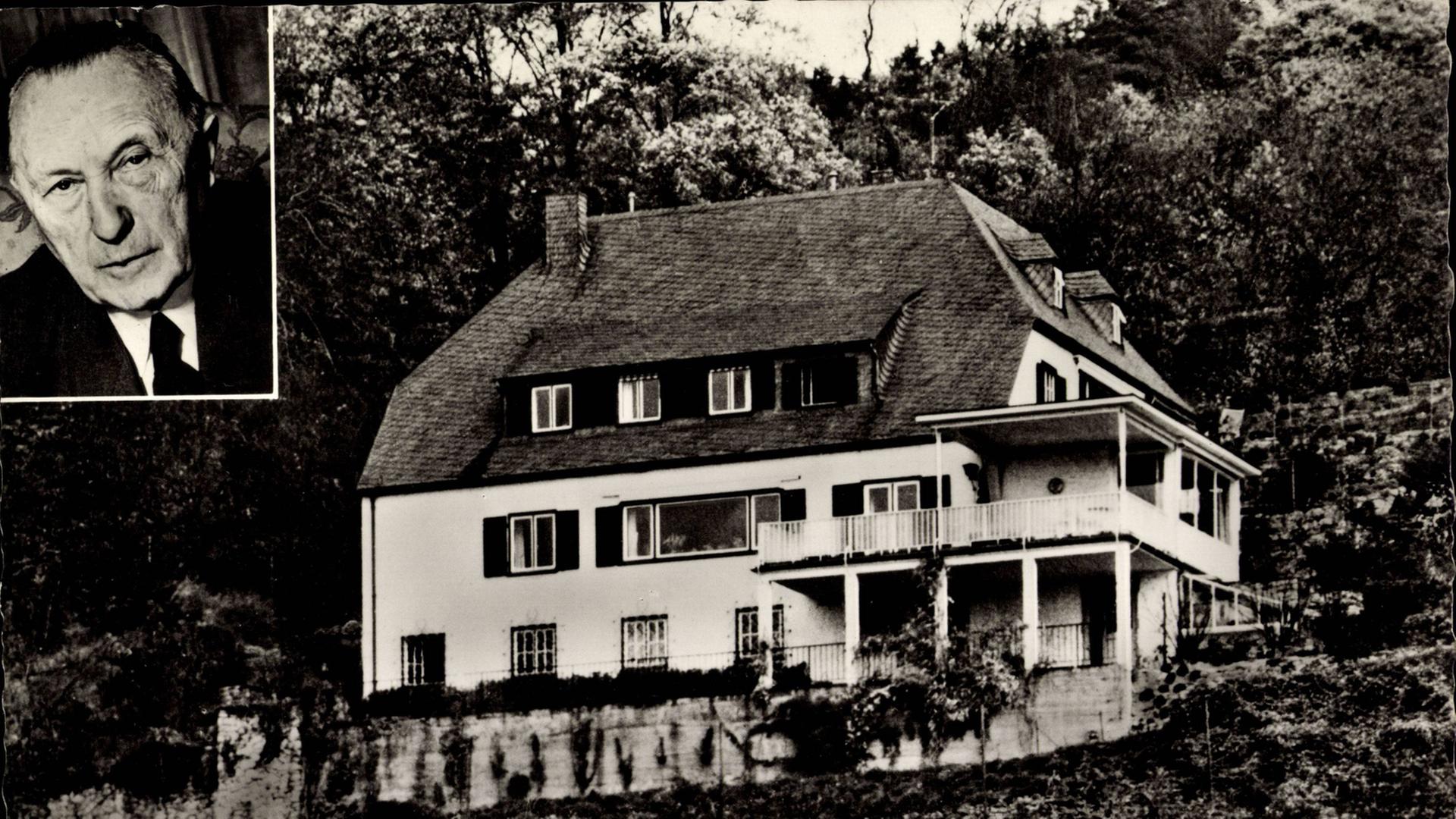 Eine undatierte Postkarte zeigt das Wohnhaus Konrad Adenauers in Rhöndorf.