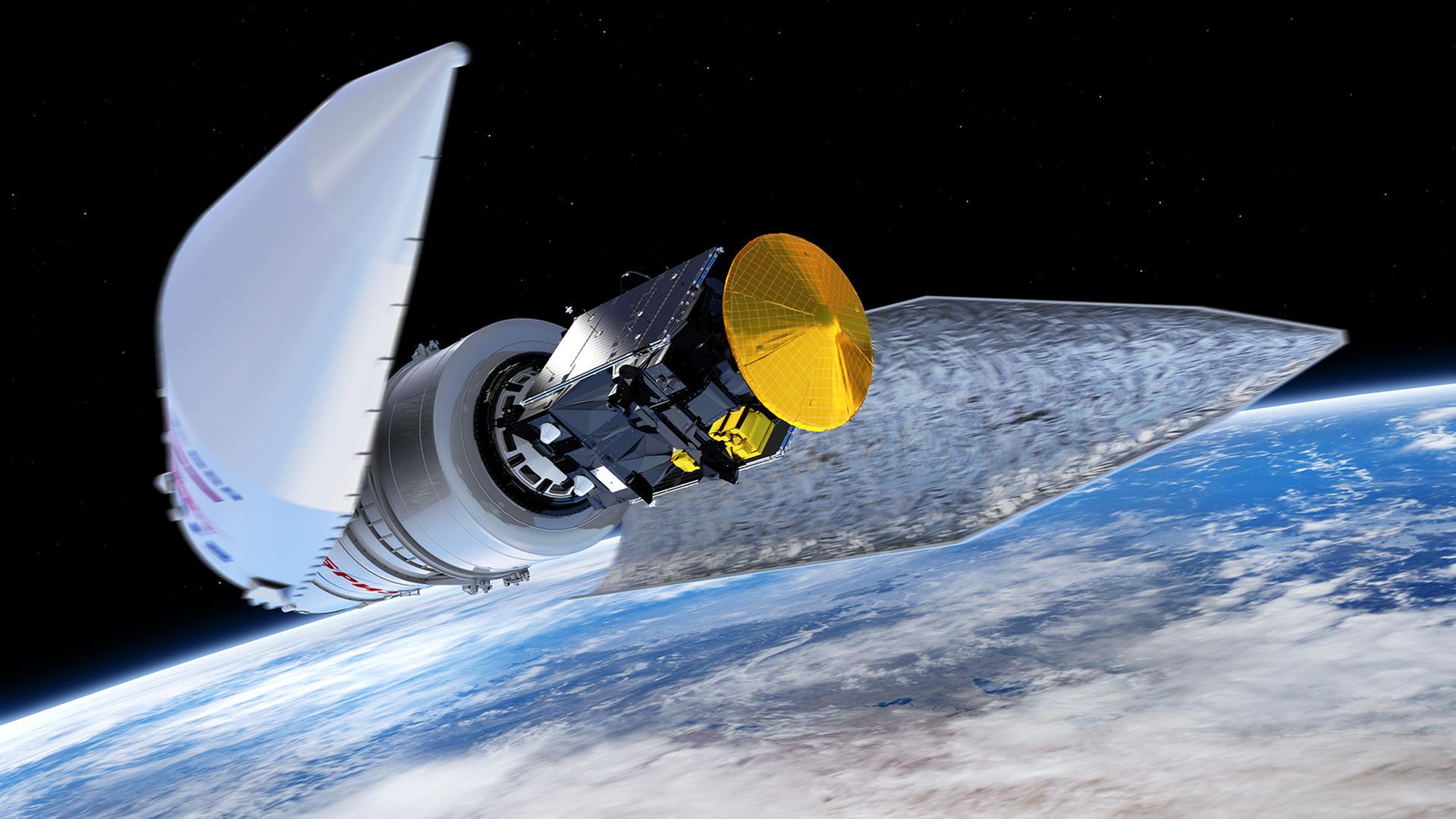 Bei der Abtrennung der Nutzlastverkleidung während der Startphase der ExoMars-Mission tritt der Spurengas-Orbiter und das Wok-förmige Lande-Modul Schiaparelli zum Vorschein (künstlerische Darstellung) Bei der Abtrennung der Nutzlastverkleidung während der Startphase der ExoMars-Mission tritt der Spurengas-Orbiter und das Wok-förmige Lande-Modul Schiaparelli zum Vorschein (künstlerische Darstellung)