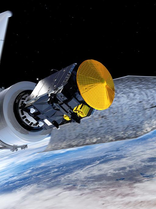 Bei der Abtrennung der Nutzlastverkleidung während der Startphase der ExoMars-Mission tritt der Spurengas-Orbiter und das Wok-förmige Lande-Modul Schiaparelli zum Vorschein (künstlerische Darstellung)