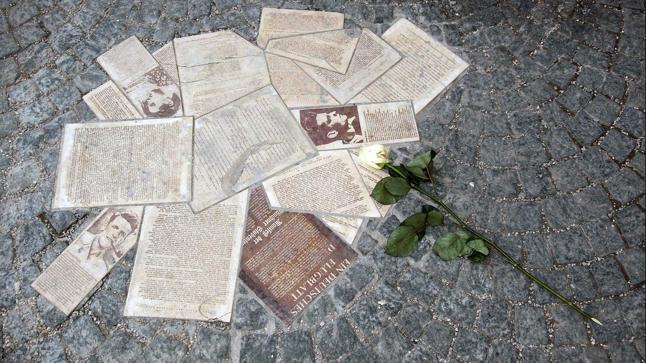 In das Pflaster eingelassene Flugblätter mit Portrait von Hans Scholl und einer niedergelegten weißen Rose auf dem Campus der Ludwig Maximilian Universität München In das Pflaster eingelassene Flugblätter mit Portrait von Hans Scholl und einer niedergelegten weißen Rose auf dem Campus der Ludwig Maximilian Universität München