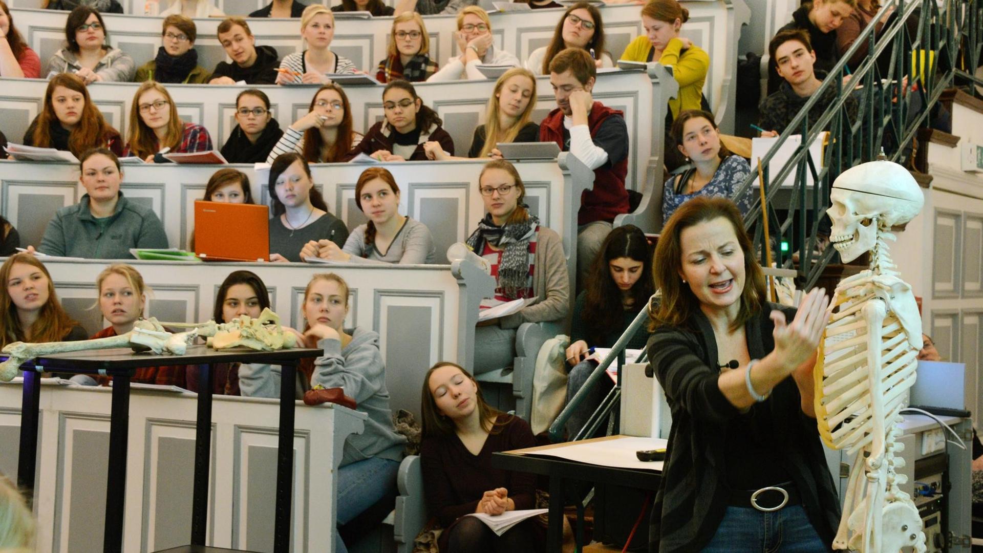 In einem Anatomie-Hörsaal der Medizinischen Fakultät an der Martin-Luther-Universität Halle-Wittenberg (Sachsen-Anhalt) verfolgen Medizin-und Zahnmedizinstudenten des ersten Studienjahres die Vorlesung zu Gelenken und Muskeln, die die Direktorin für Anatomie und Zellbiologie, Prof.Dr.med. Heike Kielstein hält, aufgenommen am 01.12.2015. In einem Anatomie-Hörsaal der Medizinischen Fakultät an der Martin-Luther-Universität Halle-Wittenberg (Sachsen-Anhalt) verfolgen Medizin-und Zahnmedizinstudenten des ersten Studienjahres die Vorlesung zu Gelenken und Muskeln, die die Direktorin für Anatomie und Zellbiologie, Prof.Dr.med. Heike Kielstein hält, aufgenommen am 01.12.2015.
