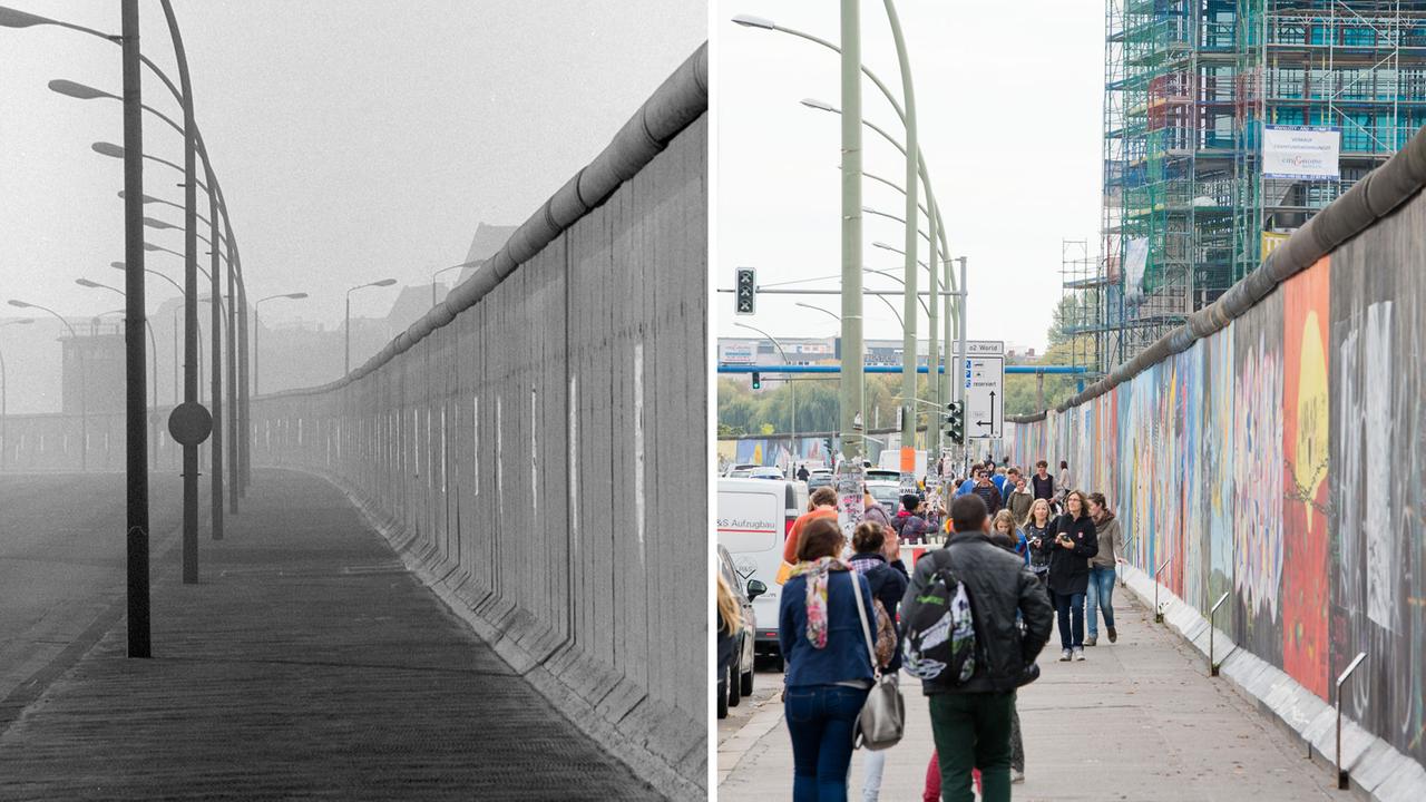 (Links seht Ihr die Mühlenstraße in Berlin vor der Deutschen Einheit und rechts ist die inzwischen als East-Side-Gallery bekannte Straße heute zu sehen. Wenn das kein Grund zum Feiern ist.)