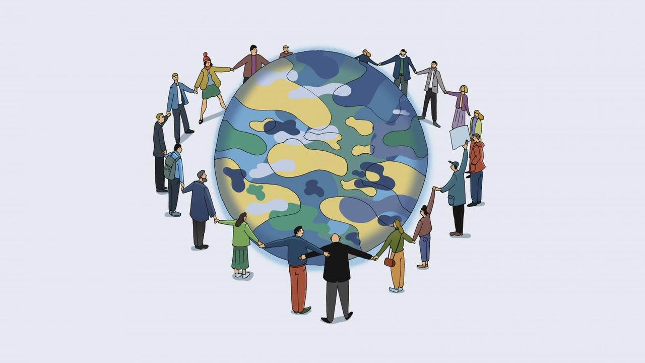 Auf einer Illustration ist ein Kreis Erwachsener, die händehaltend um einen Erdball herumstehen. Auf einer Illustration ist ein Kreis Erwachsener, die händehaltend um einen Erdball herumstehen.