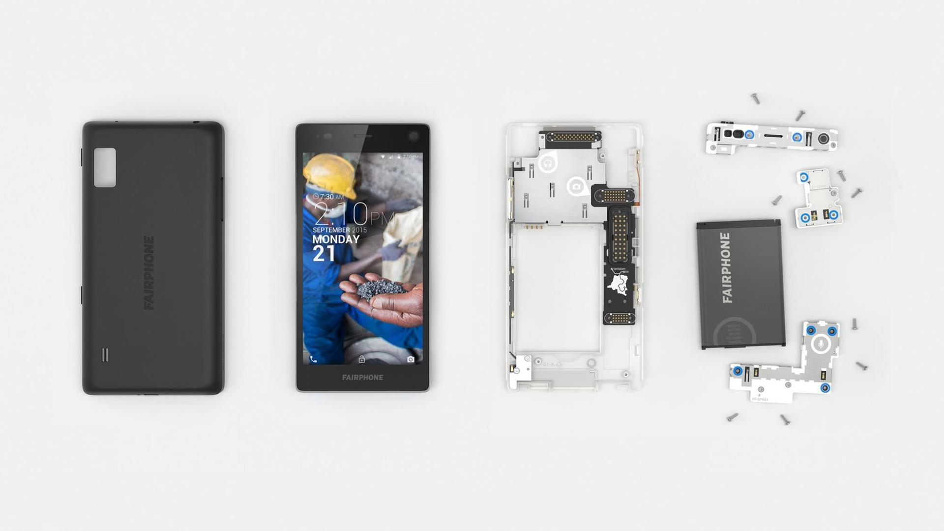 Das Fairphone 2, hier zerlegt in seine einzelnen Module Das Fairphone 2, hier zerlegt in seine einzelnen Module