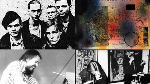 Eine Zusammenstellung von schwarz-weiß Fotos, die die Gruppe "Expander des Fortschritts" zeigen und den Komponisten Hermann Keller.