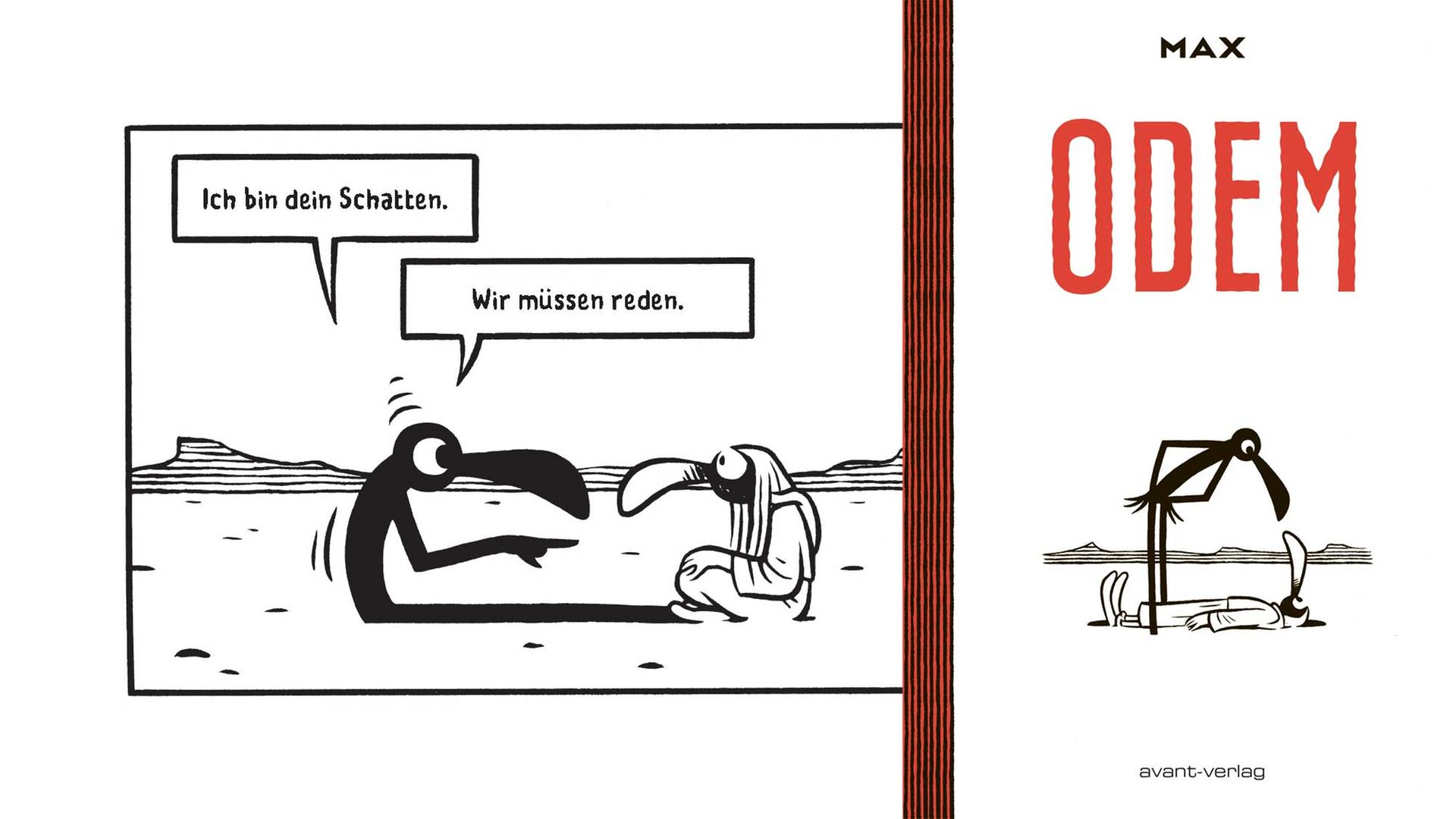Eine Zeichnung aus dem Comic-Band "Odem" von Max und das Cover (Combo: Deutschlandradio) Eine Zeichnung aus dem Comic-Band "Odem" von Max und das Cover (Combo: Deutschlandradio)