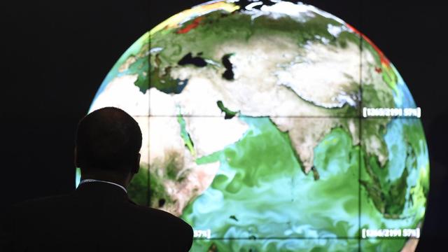 Ein Teilnehmer des Weltklimagipfels steht vor einer großen Weltkugel