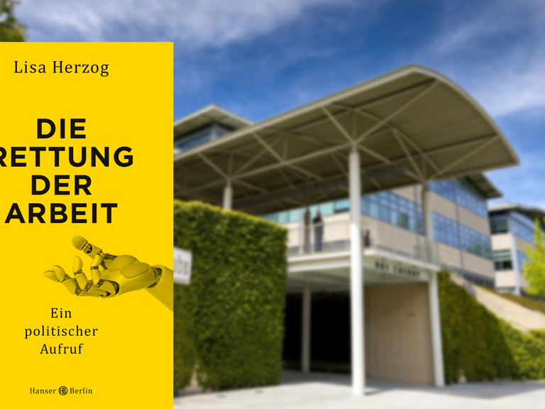 Im Vordergrund ist das Cover des Buches "Die Rettung der Arbeit", im Hintergrund der Sitz der Firma Youtube.