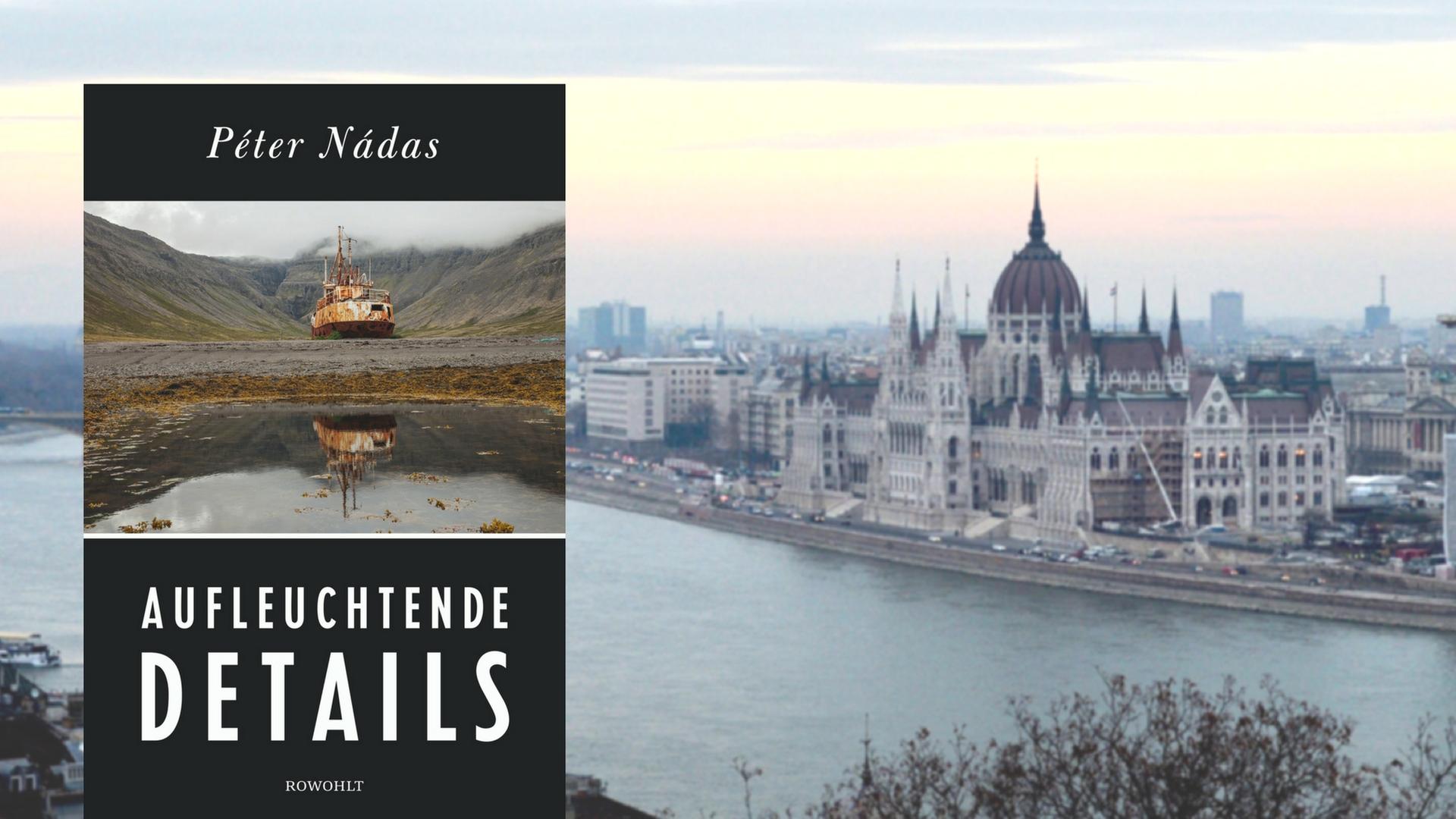 Buchcover "Aufleuchtende Details" von Péter Nádas, im Hintergrund das Panorama der ungarischen Hauptstadt Budapest