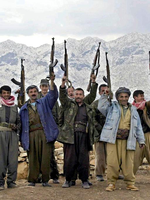 Kurdische Kämpfer und Anhänger der Demokratischen Partei Kurdistans (DPK) schwenken bei Kani Masi im Norden des Irak ihre Waffen.