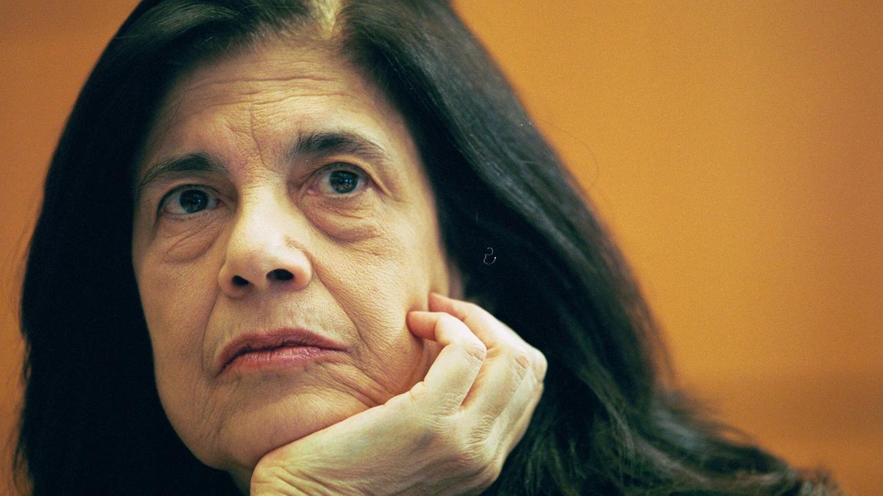 Porträt von Susan Sontag, das Kinn auf ihre Hand gestützt Porträt von Susan Sontag, das Kinn auf ihre Hand gestützt