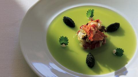 Lecker, aber eher gehobene Küche: Hummer auf grünem Apfelgelee mit Kaviar. 