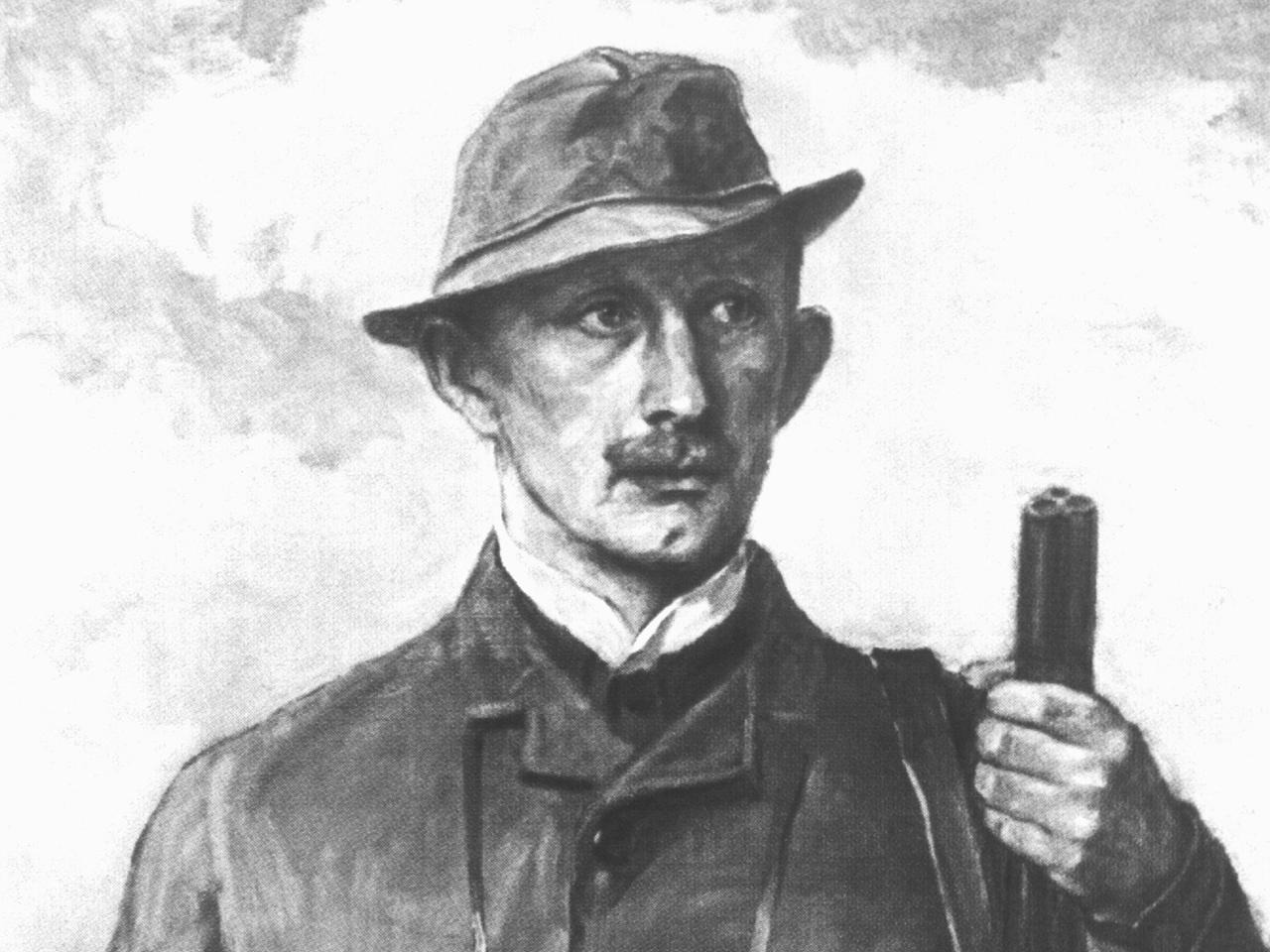 Der deutsche Schriftsteller und Lyriker Hermann Löns (1866-1914). Undatierte Zeichnung. Der deutsche Schriftsteller und Lyriker Hermann Löns (1866-1914). Undatierte Zeichnung.