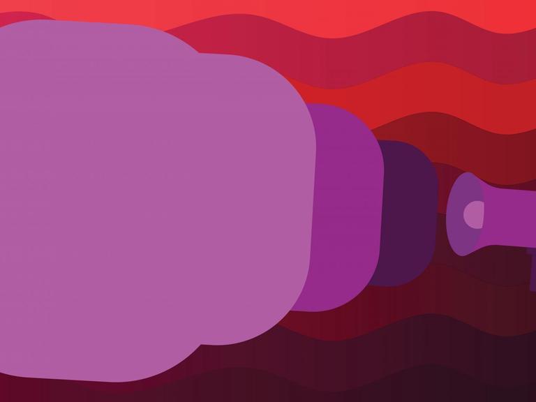 Illustration: Ein Megafon mit violetter Sprechblasenwolke vor rotem Hintergrund.