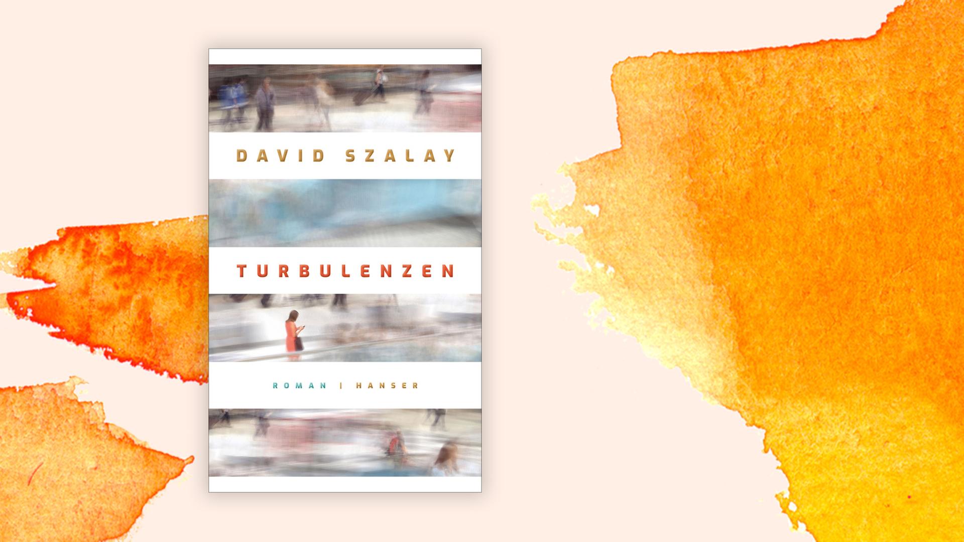 Das Buchcover "Turbulenzen" von David Szalay ist vor einem grafischen Hintergrund zu sehen.
