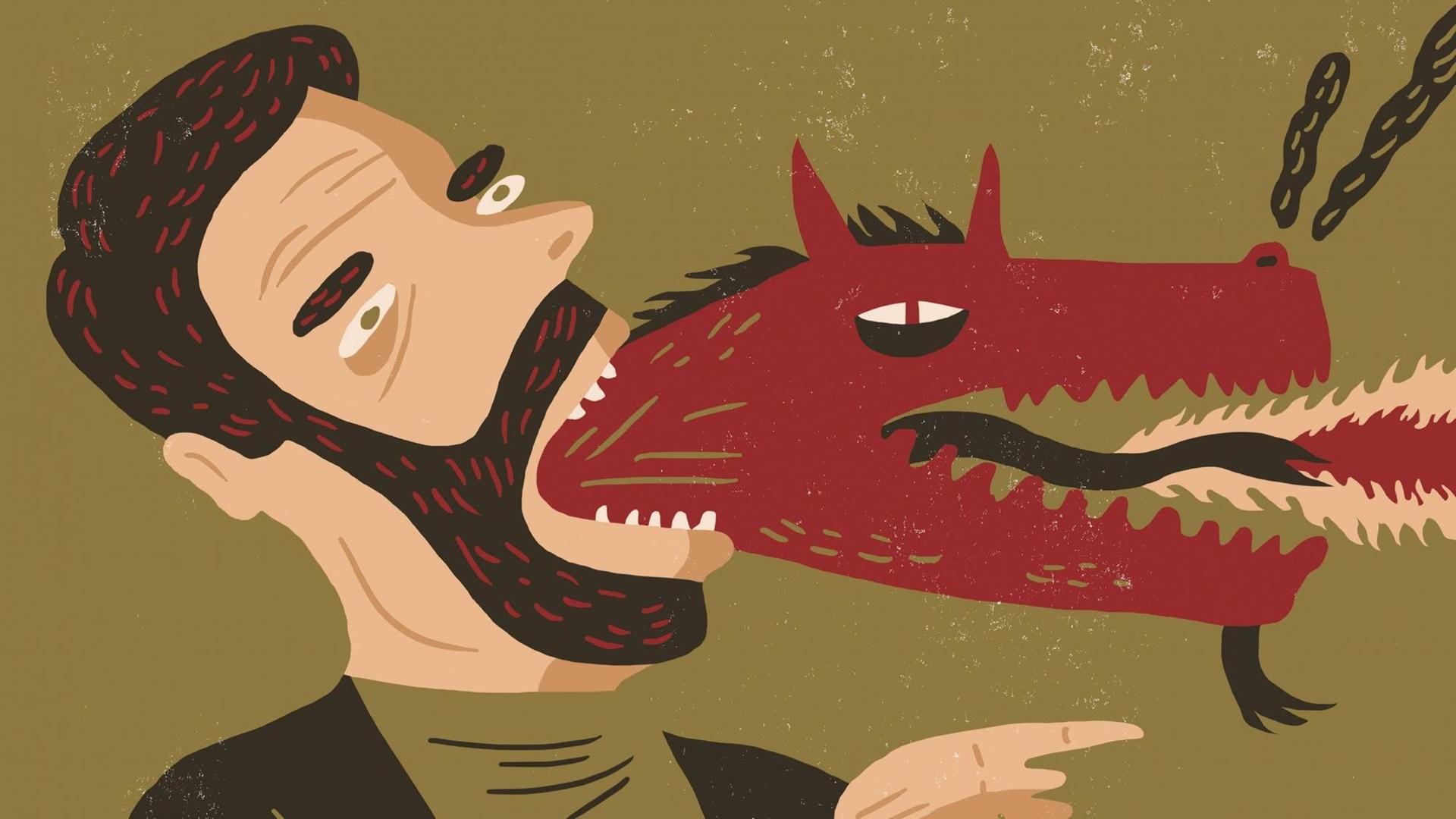 Illustration eines aggressiven Mannes, dem ein fauchender Drache aus dem Mund fährt Illustration eines aggressiven Mannes, dem ein fauchender Drache aus dem Mund fährt
