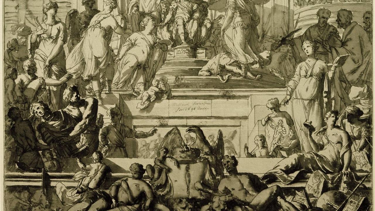 Allegorie auf die Gründung der Preußischen Akademie der Künste und mechanischen Wissenschaften in Berlin 1696 - Die Feder-Zeichnung von Mathäus Terwesten hängt heute in der Staatlichen Kunsthalle Karlsruhe Allegorie auf die Gründung der Preußischen Akademie der Künste und mechanischen Wissenschaften in Berlin 1696 - Die Feder-Zeichnung von Mathäus Terwesten hängt heute in der Staatlichen Kunsthalle Karlsruhe