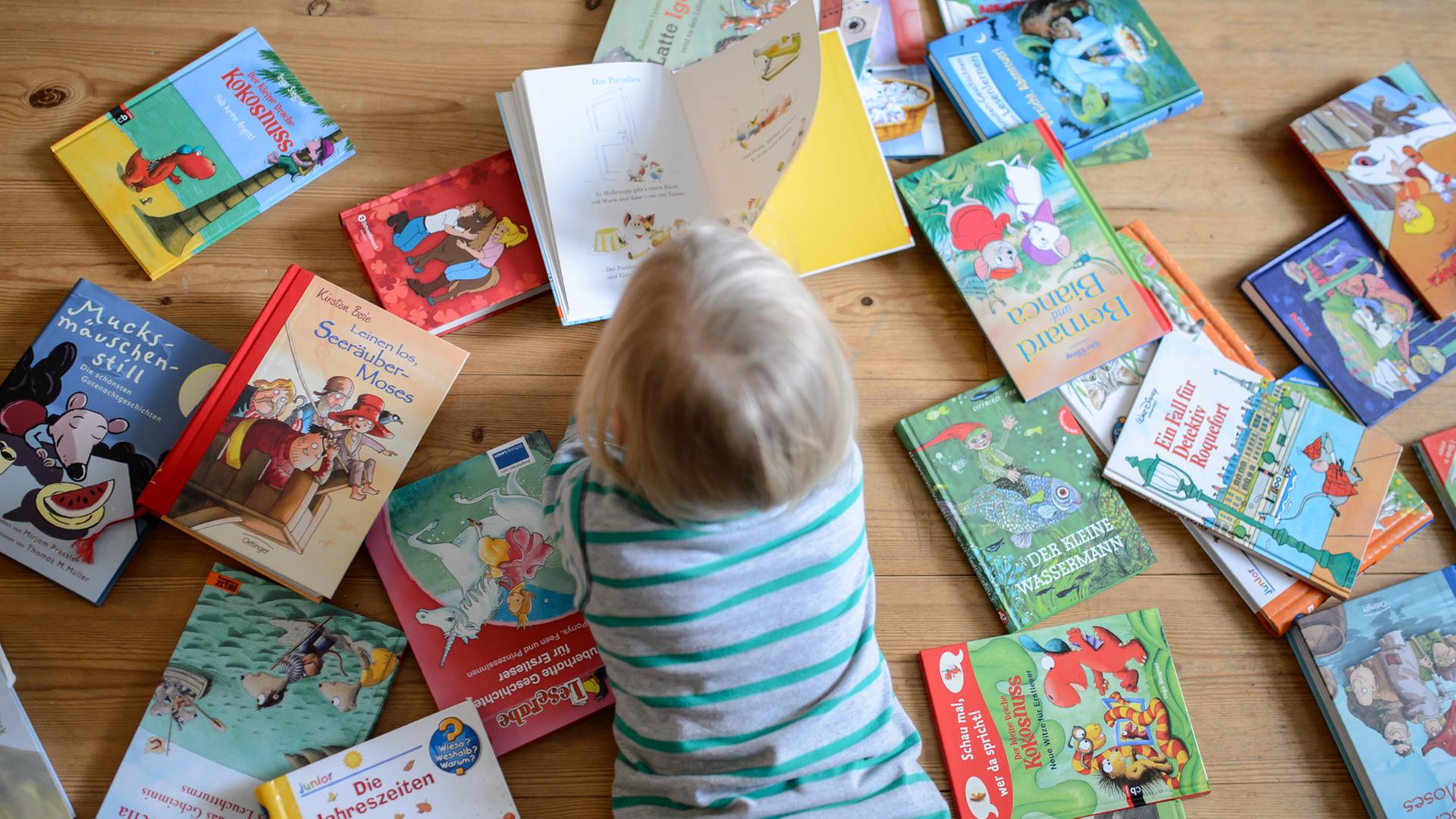 Ein Kind liegt zwischen vielen Büchern und schaut sich ein Buch an, aufgenommen am 28.01.2015 in Dresden (Sachsen). Ein Kind liegt zwischen vielen Büchern und schaut sich ein Buch an, aufgenommen am 28.01.2015 in Dresden (Sachsen).