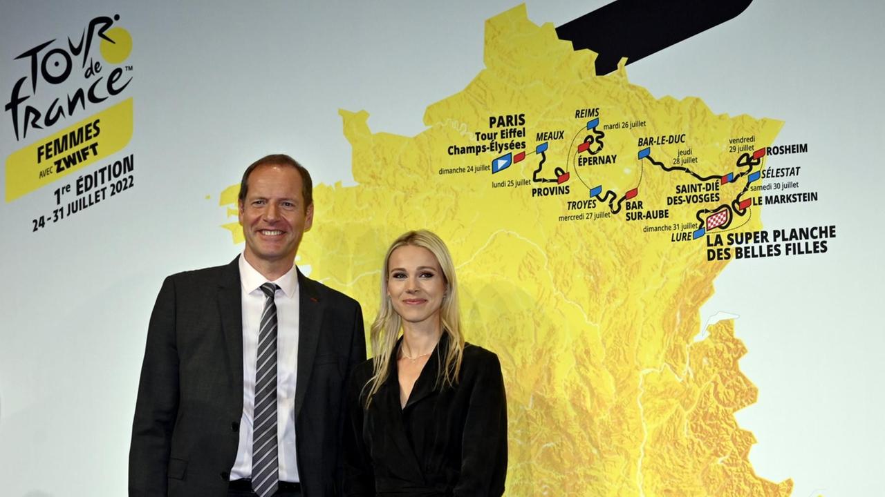 Christian Prudhomme, Direktor der Tour de France, und Marion Rousse, Direktorin der Tour de France Femmes. Christian Prudhomme, Direktor der Tour de France, und Marion Rousse, Direktorin der Tour de France Femmes.
