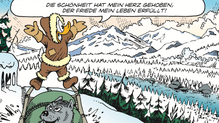 Die Comicente freut sich über die Schönheit einer Schneelandschaft. Die Comicente freut sich über die Schönheit einer Schneelandschaft.